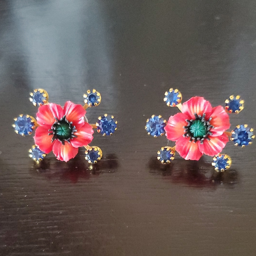 Red and Blue Floral Stud Earrings with Crystal Accents